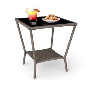 PPL Square Outdoor Patio Side Table with Glass Top - Durable Rattan & Metal Frame, Compact Wicker End Table with Storage Shelf for Garden, Balcony (Color: Taupe)
